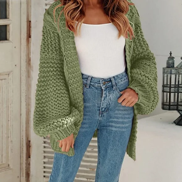 NEW OLIVE GREEN OVERSIZED CHUNKY KNIT OPEN CARDIGAN - Picture 3 of 5